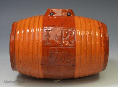 Sussex pottery red earthenware spirit barrel, dated 1783