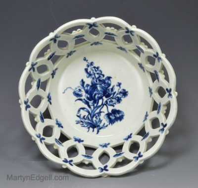 Worcester porcelain basket printed with anemone and bellflower spray, circa 1765