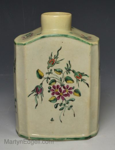 Pearlware pottery tea canister decorated with enamels over the glaze, circa 1790