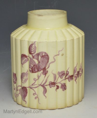 Creamware pottery tea canister painted with florals in manganese, circa 1770