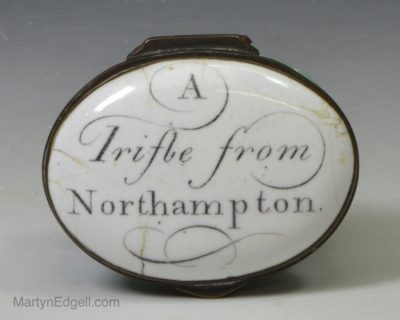 Bilston enamel patch box 'A Trifle from Northampton', circa 1780
