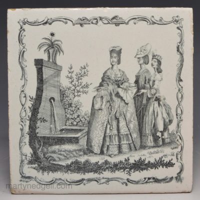 Liverpool delft Sadler printed tile of three ladies by a fountain, circa 1770