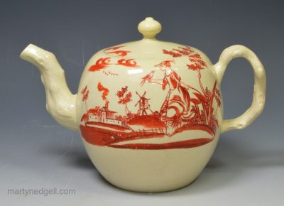 Creamware pottery teapot painted in red with Miss Pitt, circa 1770