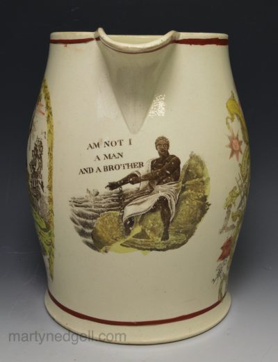 Large creamware jug decorated anti slavery print 'AM I NOT A MAN AND A BROTHER', circa 1800