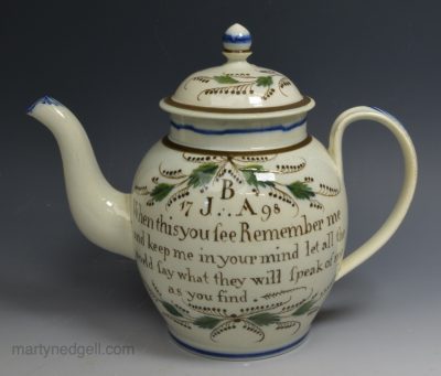 Pearlware pottery marriage teapot, dated 1798