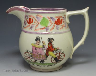 Pearlware pottery jug decorated with Prince Regent and Lady hertford 'A VISIT TO CARLTON HOUSE', circa 1810