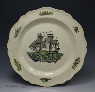 Creamware pottery plate printed with a ship, circa 1790