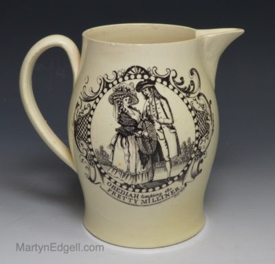 Creamware pottery jug 'Obadiah Tempting the Pretty Milliner', circa 1780