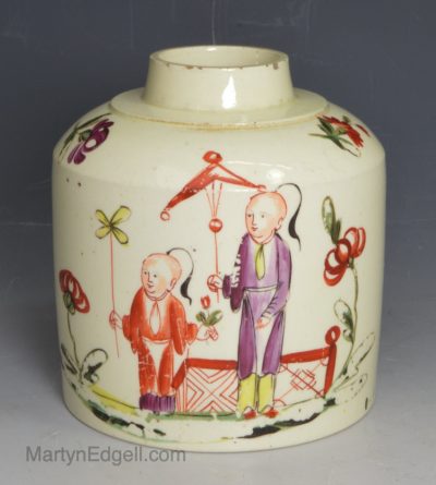 Creamware pottery tea canister decorated with enamels over the glaze, circa 1770