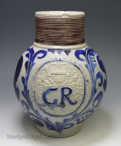 Westerwald saltglaze stoneware ‘GR’ jug, circa 1720