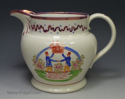 Pearlware pottery jug commemorating the orange order and William I, circa 1820
