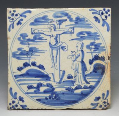 Dutch Delft biblical tile of the crucifixion, circa 1740