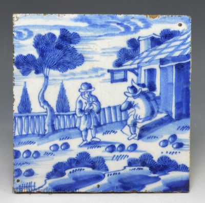 London delft tile decorated with three people, circa 1740