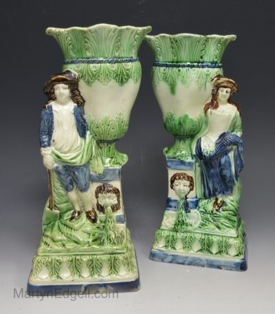 Pair of creamware pottery spill vases, circa 1780