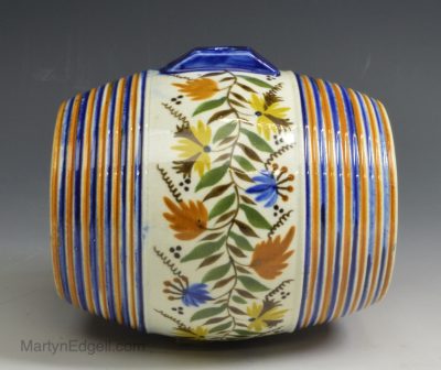 Prattware pottery spirit barrel decorated with colours under the glaze, dated 1822