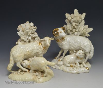 Pair of Derby creamware pottery sheep, circa 1765