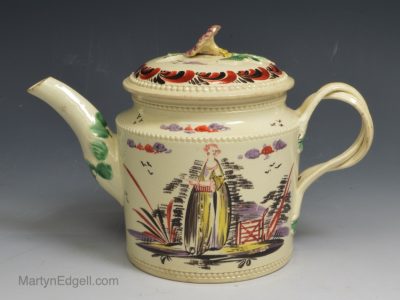 Creamware pottery teapot decorated with enamel over the glaze, circa 1770, Leeds Pottery
