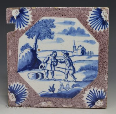 London delft tile decorated with two men, circa 1720