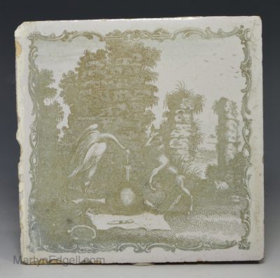 Liverpool delft Aesop’s Fable Sadler printed tile ‘The fox and the stork’, circa 1770