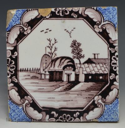 Liverpool delft tile decorated in blue and manganese, circa 1760