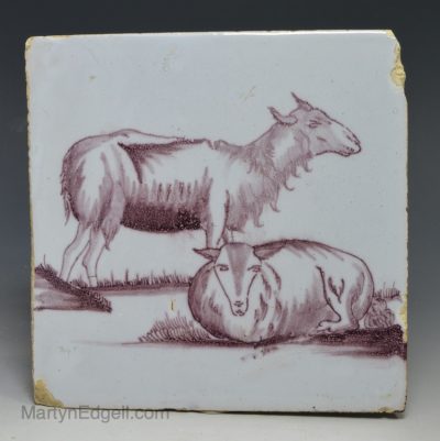Liverpool delft tile decorated with two deer in manganese, circa 1750