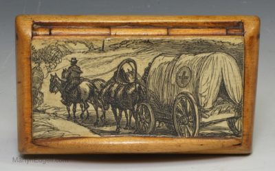 Wooden snuff box decorated with a U.S. Civil war ambulance, circa 1870