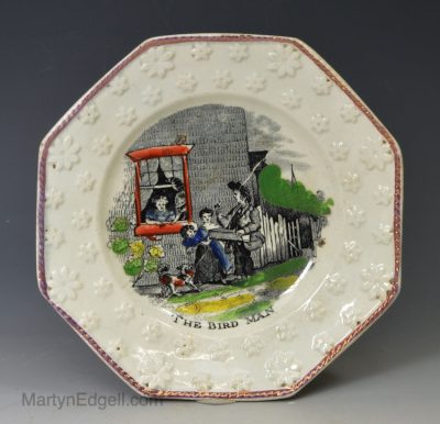 Pearlware pottery child's plate 'THE BIRD MAN', circa 1830