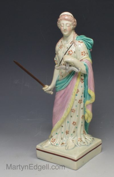 Staffordshire pearlware pottery square based figure of Justice, circa 1820