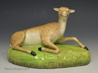 Pearlware pottery figure of a deer, circa 1820, attributed to Brameld Pottery