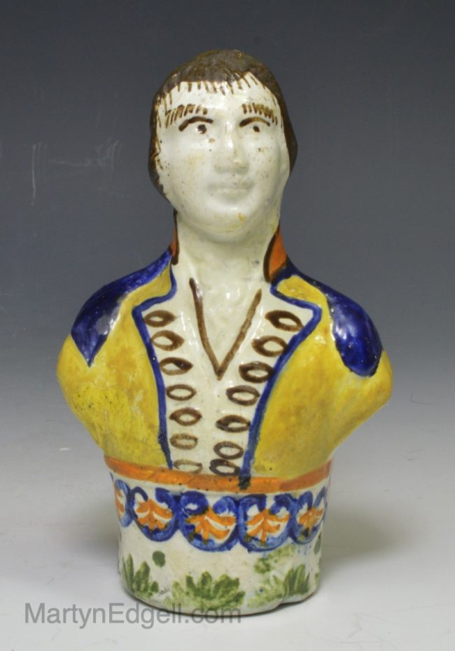 Prattware pottery bird feeder moulded bust, circa 1800, possibly Napoleon