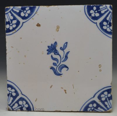 Bristol delft tile painted in blue florals, circa 1750