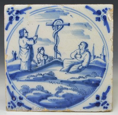 London delft biblical tile of Moses and Brazen Serpent, circa 1740
