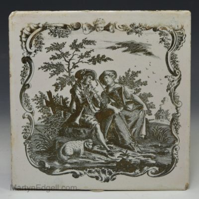 Liverpool delft Sadler printed tile of a Shepherd piping to a Shepherdess, circa 1760