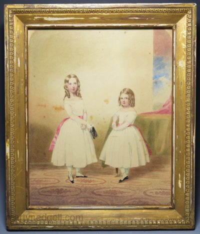 Watercolour of a two sisters, signed 'Frith', dated 1846