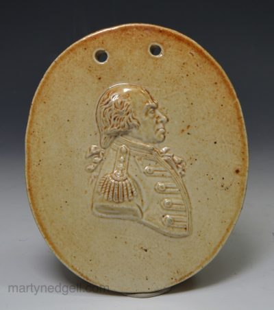 Brampton saltglaze stoneware plaque moulded with Earl Howe, circa 1830