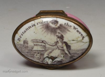 Bilston enamel patch box 'Britannia rules the Waves', circa 1800