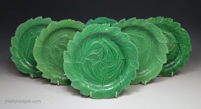 Set of six creamware Brameld pottery green glazed plates, circa 1820