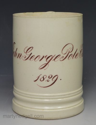 Creamware pottery jug 'John George Pole Esqr', dated 1829