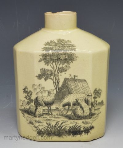 Creamware pottery tea canister printed with a couple, circa 1780