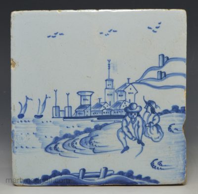 Liverpool delft tile painted with two people, circa 1760