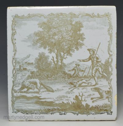 Liverpool delft Sadler printed tile of the hunted beaver, circa 1770