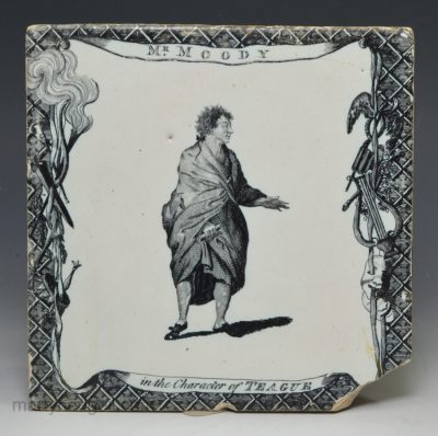 Liverpool delft Sadler printed tile of Mr Moody in the character of Teague, circa 1780