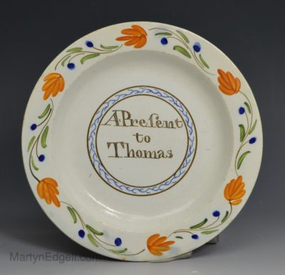 Dawson prattware pottery child's plate 'A Present to Thomas', circa 1800