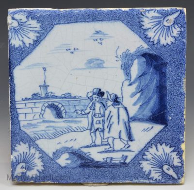 London delft tile painted with two people, circa 1750