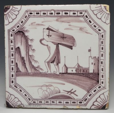 Liverpool delft biblical tile of Samson with the gates of Gaza, circa 1750