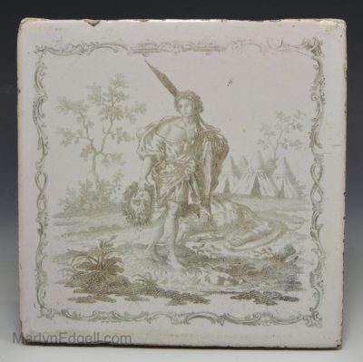 Liverpool delft Sadler printed tile of David with the head of Goliath, circa 1770
