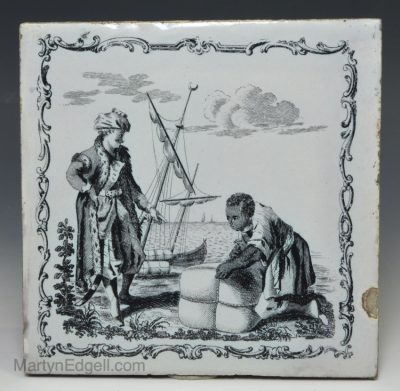 Liverpool delft Sadler printed tile of the Turkish merchant, circa 1770