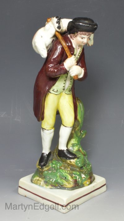 Staffordshire pearlware pottery figure of a shepherd, circa 1820