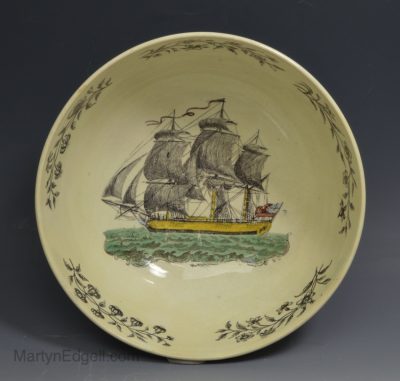 Liverpool creamware pottery bowl printed with a ship, circa 1790