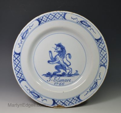 Liverpool delft dated armorial plate, J Elsmore 1766